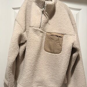Mango Cream Zip-Up Sherpa Sweater with Tan Pocket